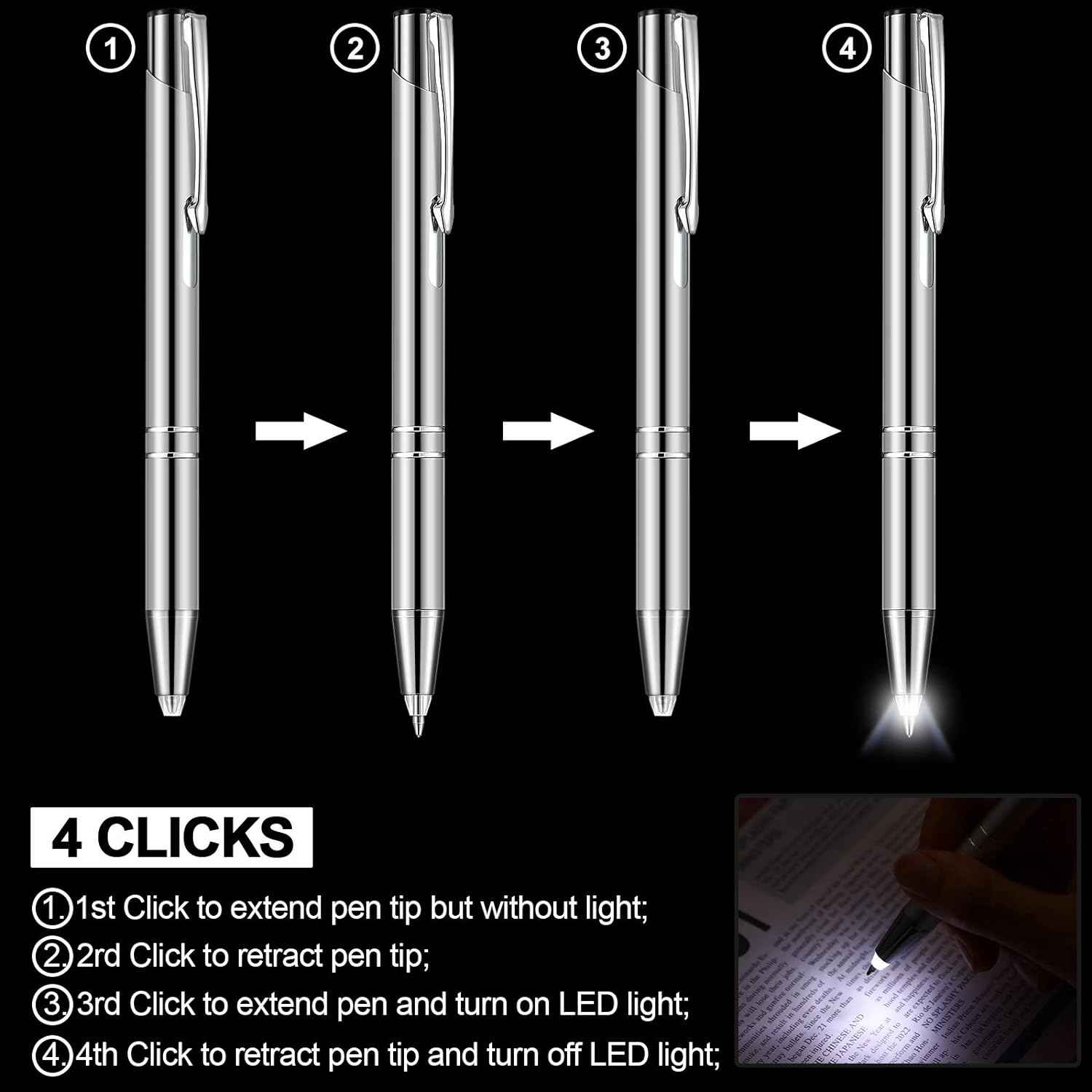 4 Pack Ballpoint Pens with LED Light for Writing in the Dark - TTpen