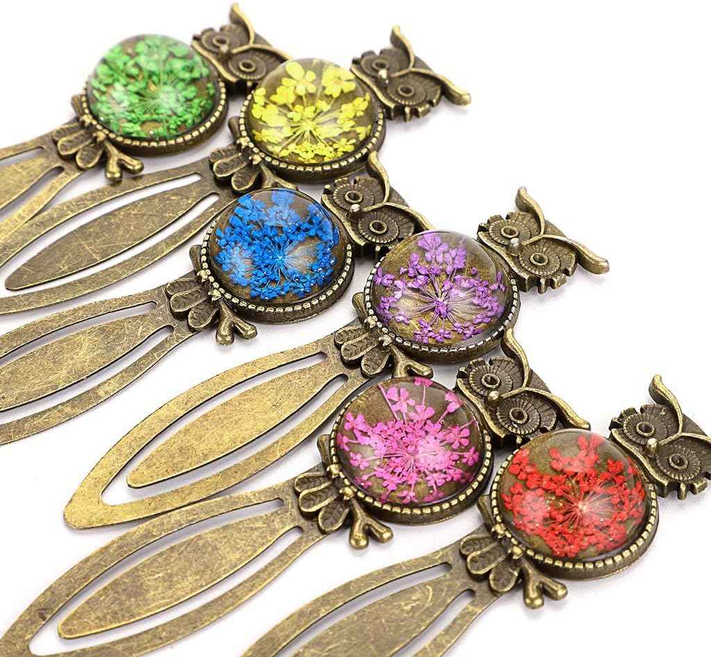 6 Metal Bookmark Clips Vintage Owl Bookmark Ruler with Dried Flower - TTpen