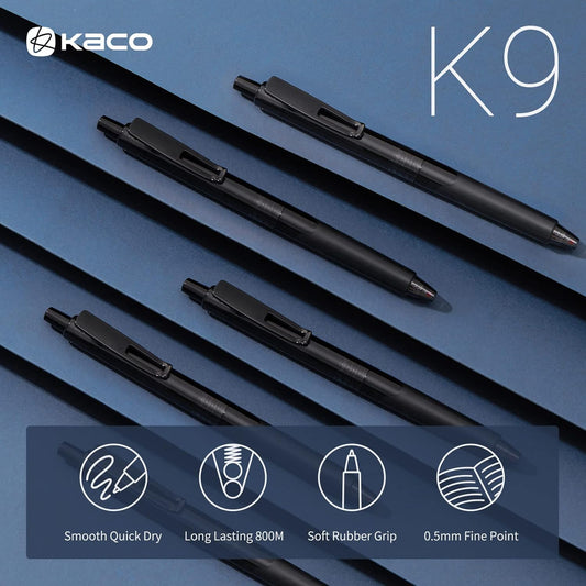 Kaco K9 Retractable Gel Pens Black Ink 0.5mm Fine Point,10 Pack