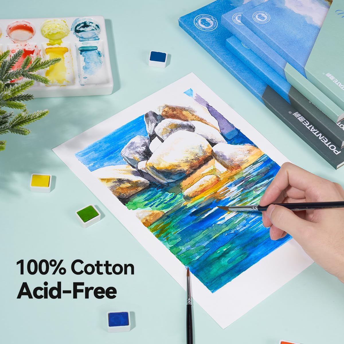 POTENTATE Watercolor Paper Block,100% Cotton,20 Sheets