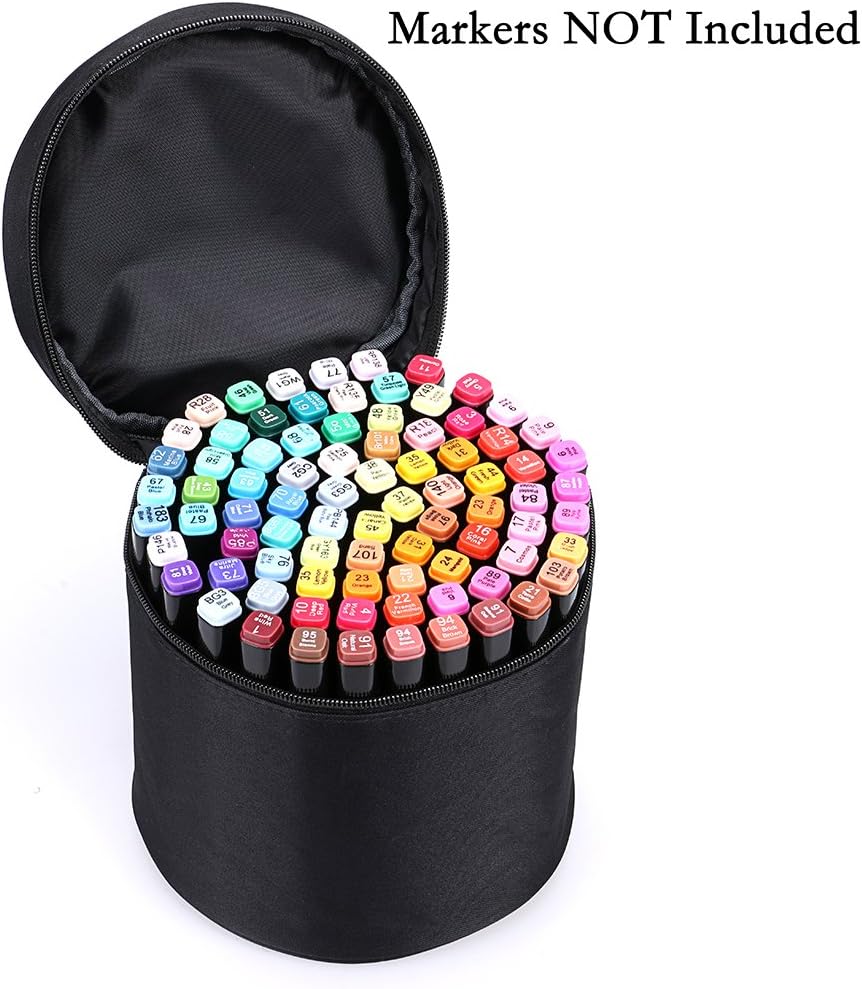 Round Marker Pen Case Stationary Storage Bag for 80 Markers,Black