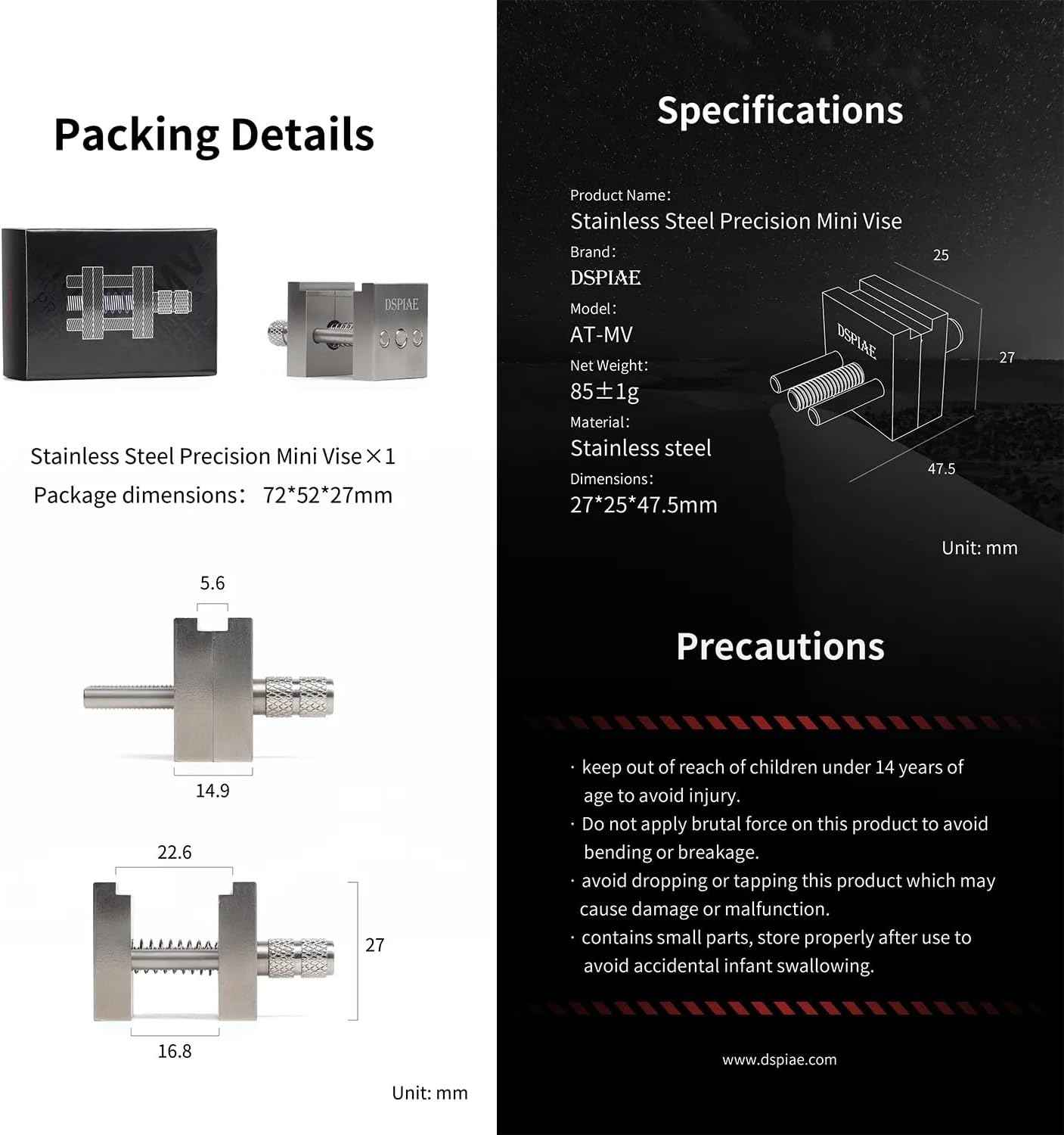 DSPIAE Stainless Steel Precision Mini Vise Grip Width 0.88inch - 0.22inch (AT-MV) - TTpen