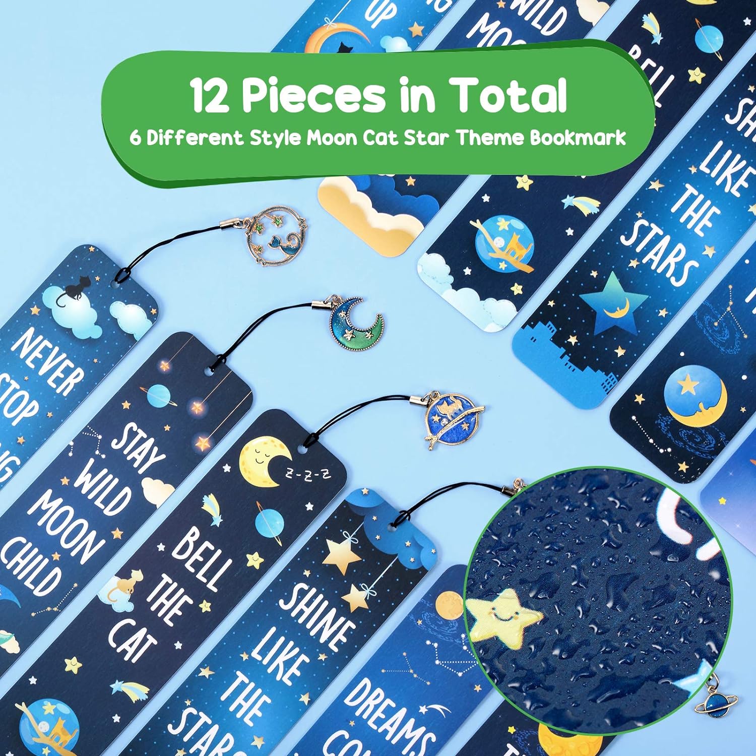 12Pcs Cat Moon Star Space Bookmarks with Metal Charms