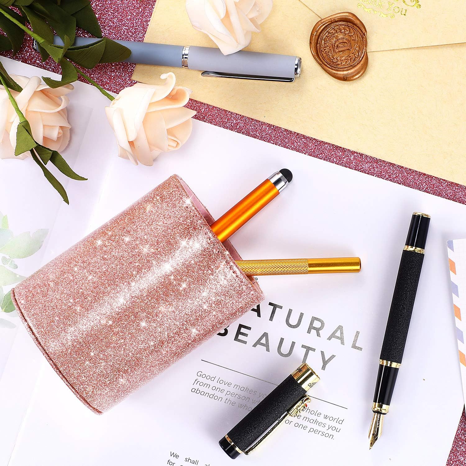 PU Glitter Pen Holder Shiny for Women Girls,Luxury Makeup Brush Holder