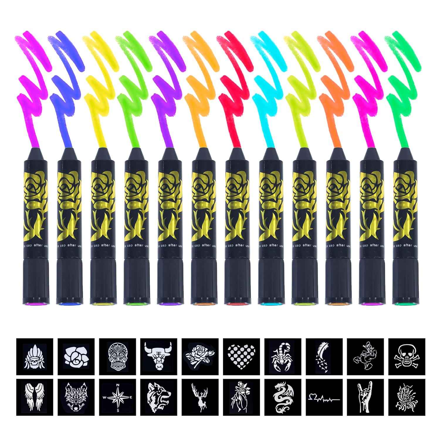 12 Color Neon Glow In The Dark UV Paint Crayons & Face Paint Kit - TTpen
