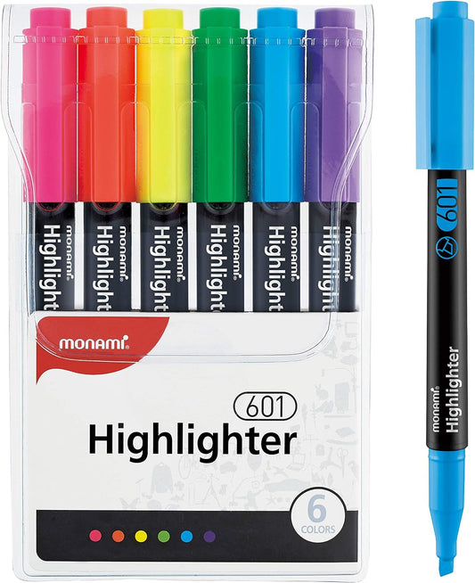 MONAMI Highlighter 601 Pastel,Chisel Tip,Assorted Colors,6-Pack