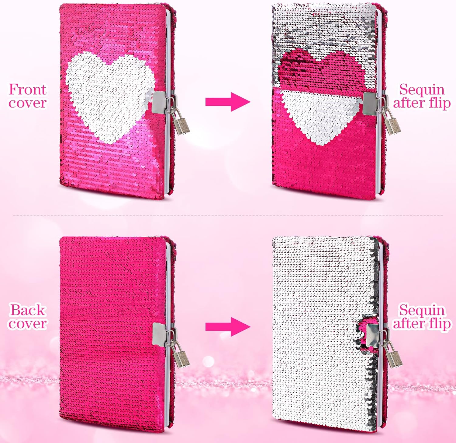 A5 Reversible Sequin Journal with Lock Key 6in1 Retractable Multi-Pen