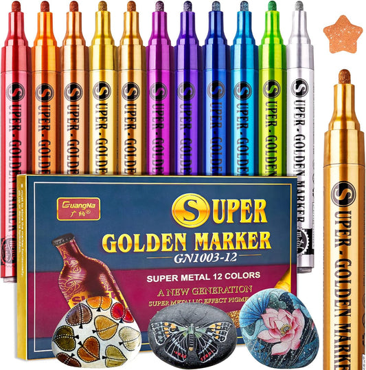 12 Colors Super Golden Metallic Marker Paint Pen Set 2-3mm Fiber Tip