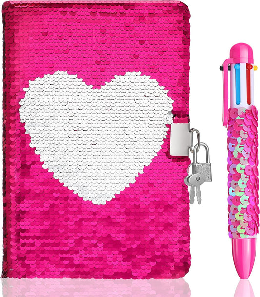 A5 Reversible Sequin Journal with Lock Key 6in1 Retractable Multi-Pen