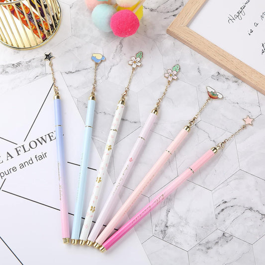 6 Pieces Metal Ballpoint Pens with Cute Pendant Black Ink