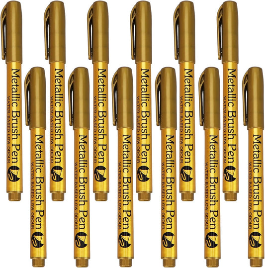12pcs Metallic Brush Craftwork Marker Pens Gold