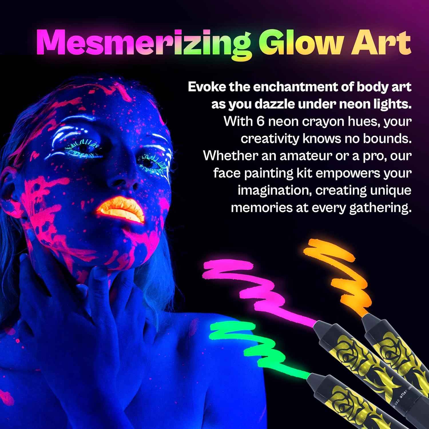 12 Color Neon Glow In The Dark UV Paint Crayons & Face Paint Kit - TTpen