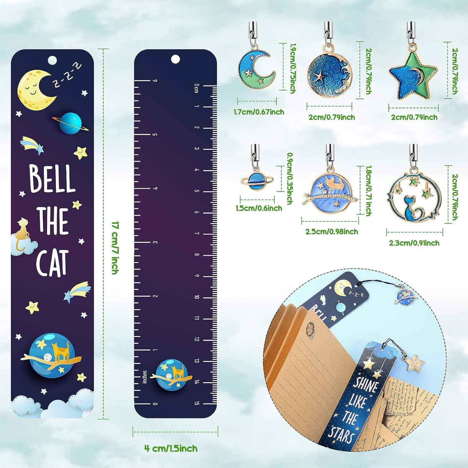 12Pcs Cat Moon Star Space Bookmarks with Metal Charms - TTpen