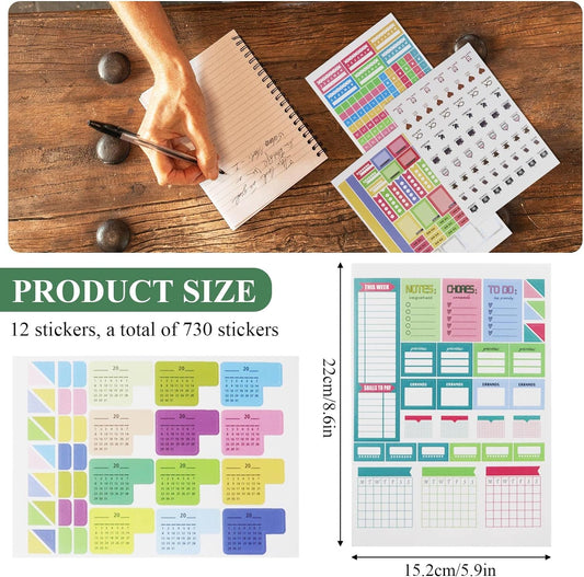 12 Sheets of Planner Stickers with 730Pcs Cute Planner Labels