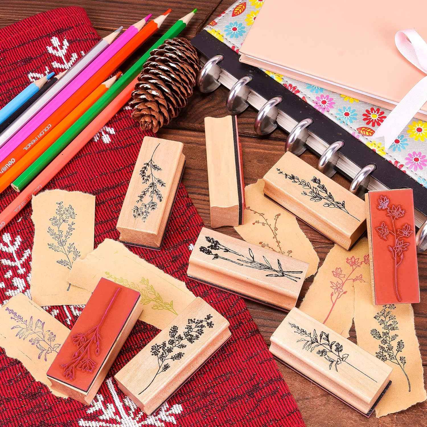 8pcs Vintage Plant Flower Decorative Rubber Wood Stamps for Crafting - TTpen