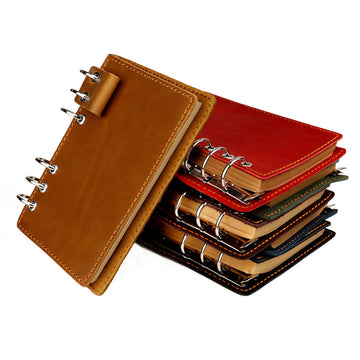 A6 Vintage Genuine Leather 6-Ring Binder Notebook with Pen Loop — handmade cowhide journal