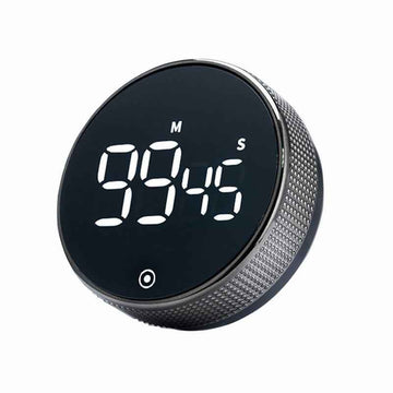 Round magnetic digital kitchen timer with large white LED digits and a textured rotary ring