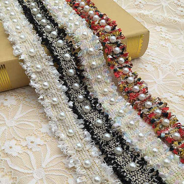 3cm pasamanería con flecos blancos y negros, acentos de perlas de imitación