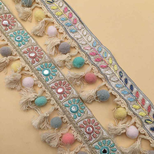 Embroidered Jacquard Ethnic Cotton Lace Fringe Tassel Trim 5 Yards