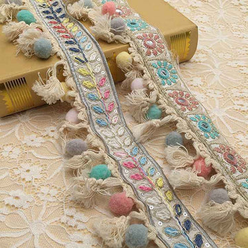 Embroidered jacquard lace trim with multicolor tassels and pom-poms, 5 yd