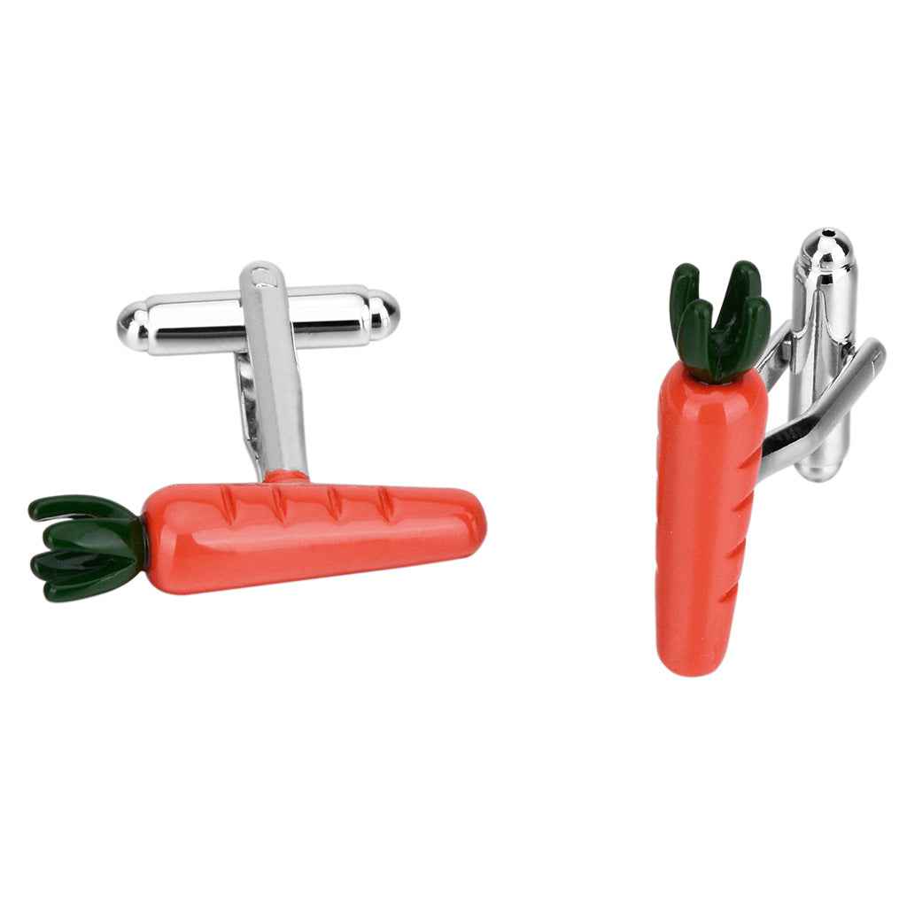 Carrot-shaped cufflinks showing front face: red carrot with green leaves and silver frame
