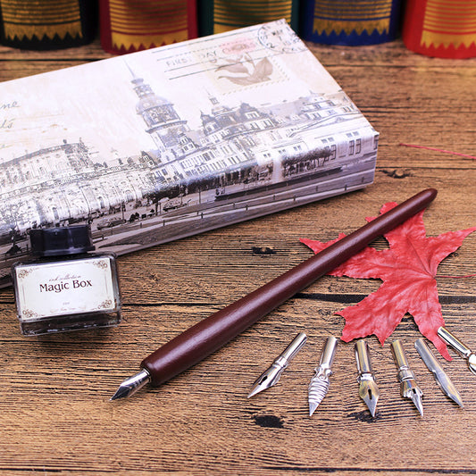 Wooden Dip Pen Calligraphy Quill Pen Ink 6 Nibs Set