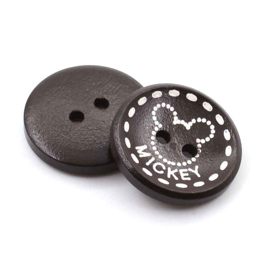Two-hole dark brown wood buttons; one plain and one with white Mickey-style face and dots