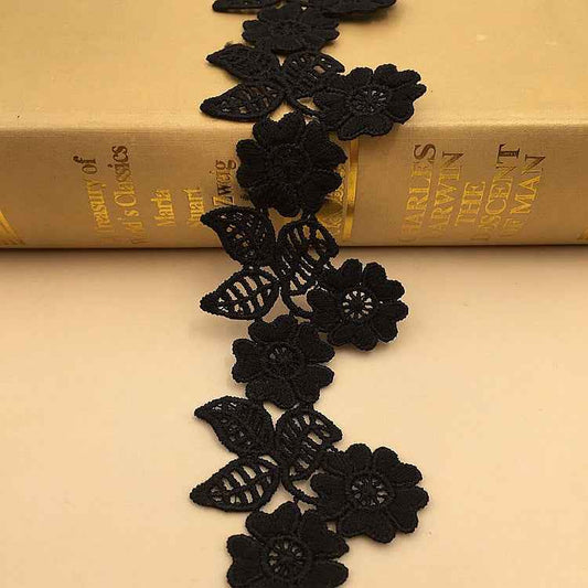 5.5cm Milk Fiber Water-Soluble Floral Embroidered Lace Trim – 10 Yards Black