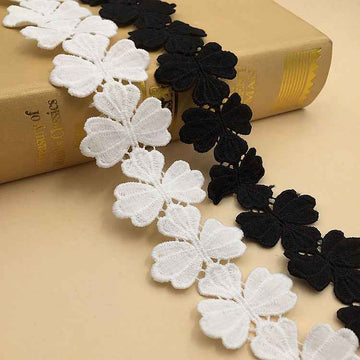 4.3cm floral lace trim, water-soluble embroidery; white and black flower appliqués