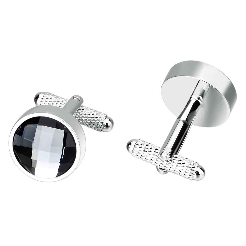 Stainless steel round cufflinks showing hinged post backs and textured clasp bars