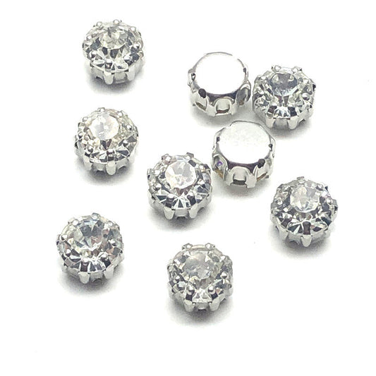 8mm round glass crystal buttons, 8-claw flat back, clear stones with silver settings