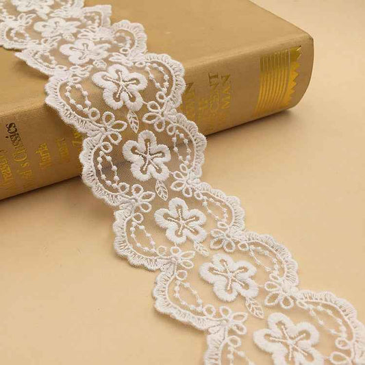 White mesh cotton lace trim, floral embroidery, scalloped edge; Style #1