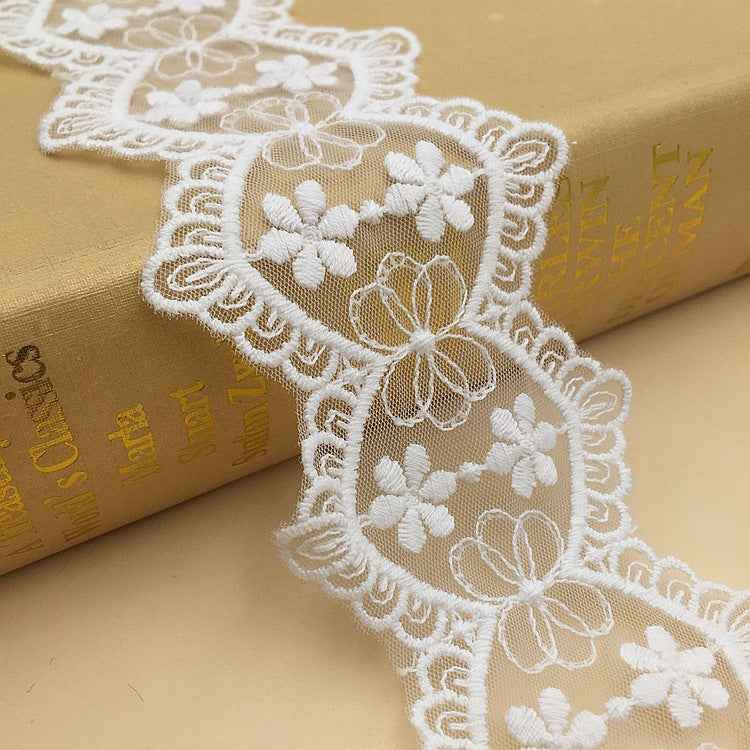 White floral mesh lace trim with ornate scallop edging and vine details; Style #2