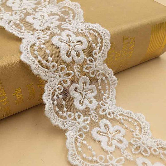 White mesh lace trim with round medallion flowers and loops; Style #1