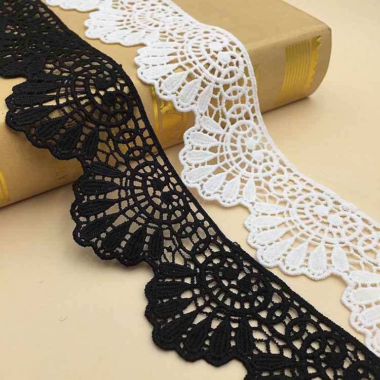 Black and white wave embroidery lace trim with scalloped edges, delicate pattern