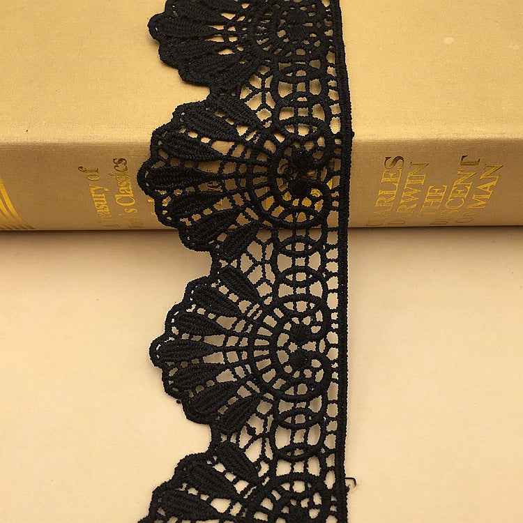 Black wave embroidery lace trim, ornate openwork design with scalloped border