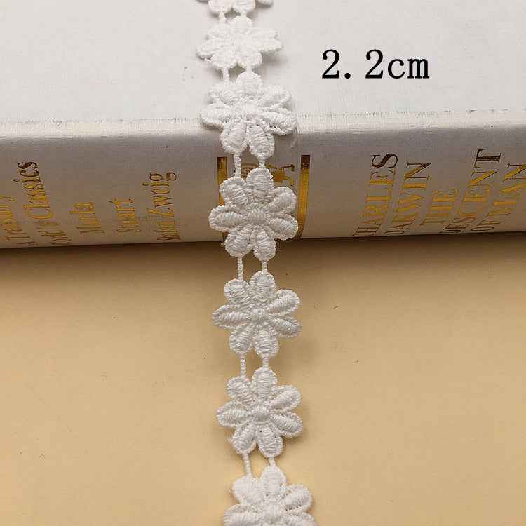2cm white cotton lace trim with larger flower rosettes and repeating clusters