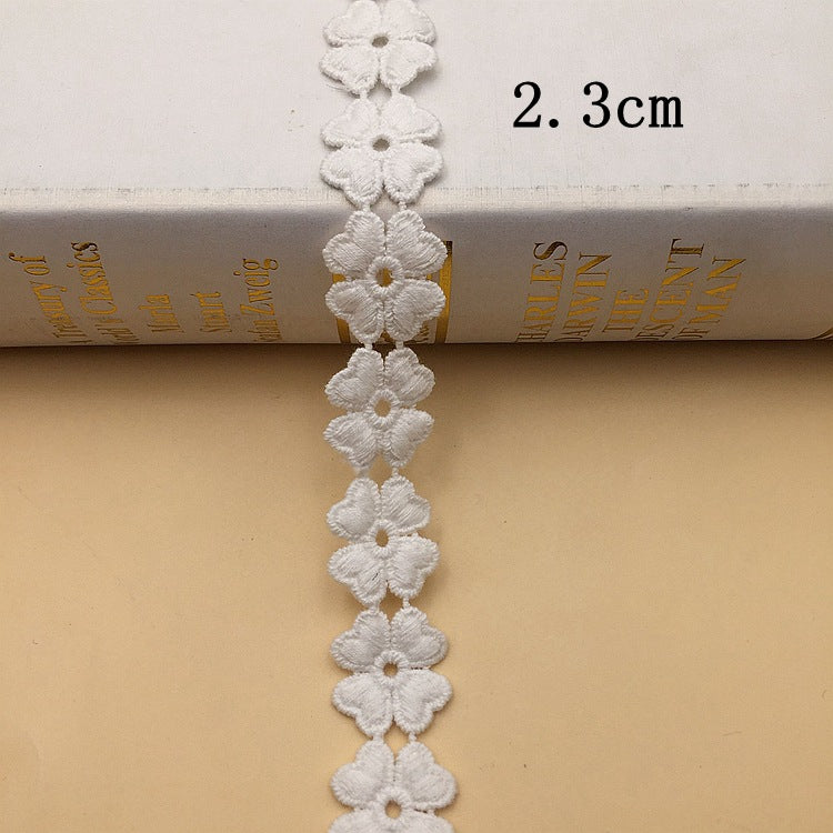 White cotton floral embroidered lace trim, small five-petal flowers, 2.3cm width
