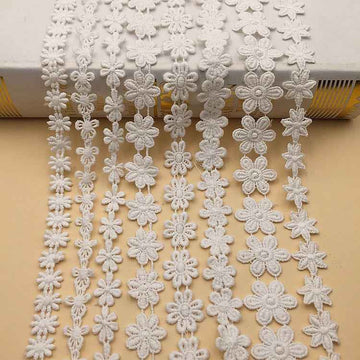 White cotton floral embroidered lace trim with small flower motifs, 10-yard roll