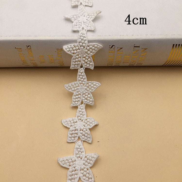 White cotton floral embroidered lace trim, crocheted star motifs, 4cm width