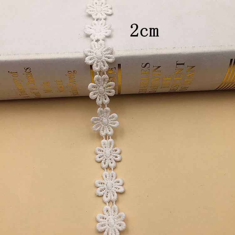 2cm white cotton floral lace trim with larger flower repeats on a wider band