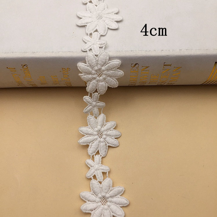 White cotton floral embroidered lace trim, layered blossom motifs, 4cm width