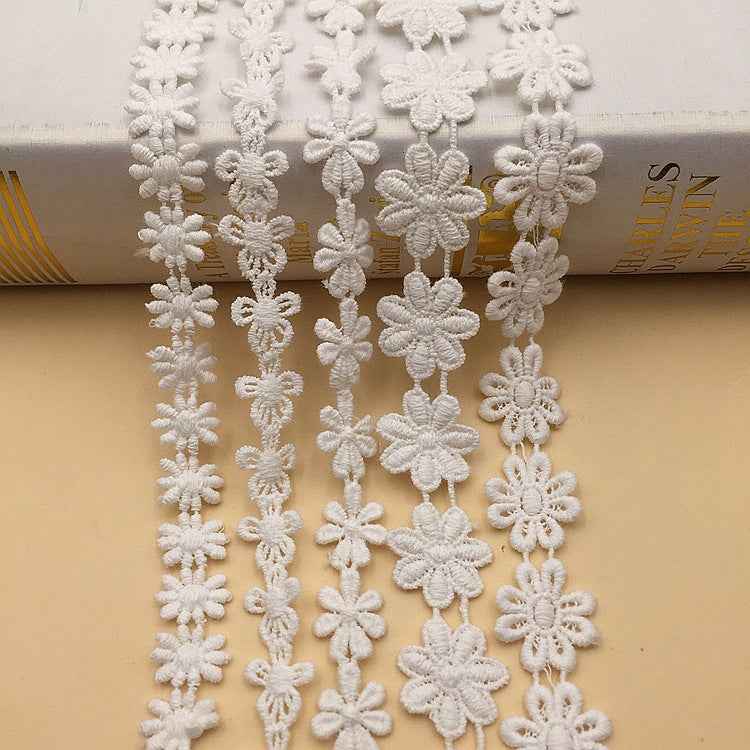 White floral lace trim with round daisy-like flowers and scalloped edges