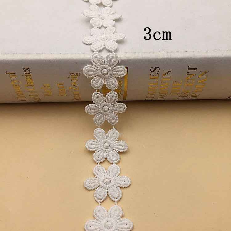 White cotton floral embroidered lace trim, layered flower motifs, 3cm width
