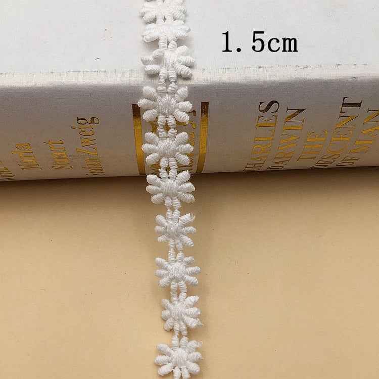 1.5cm white embroidered lace trim with dense small floral motifs