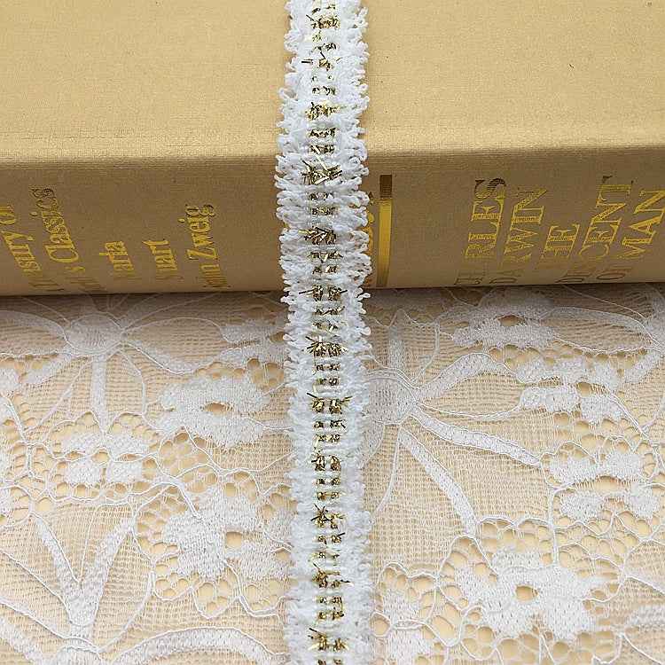 1.5cm metallic fringe trim, white base with gold-silver thread highlights