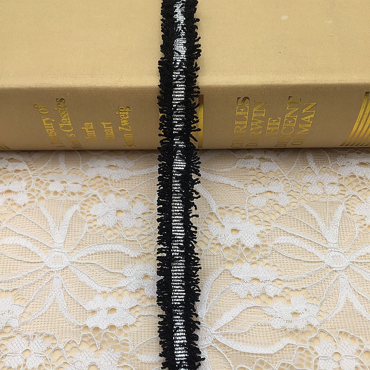 1.5cm metallic fringe trim, black and silver mixed fringe with gold accent thread
