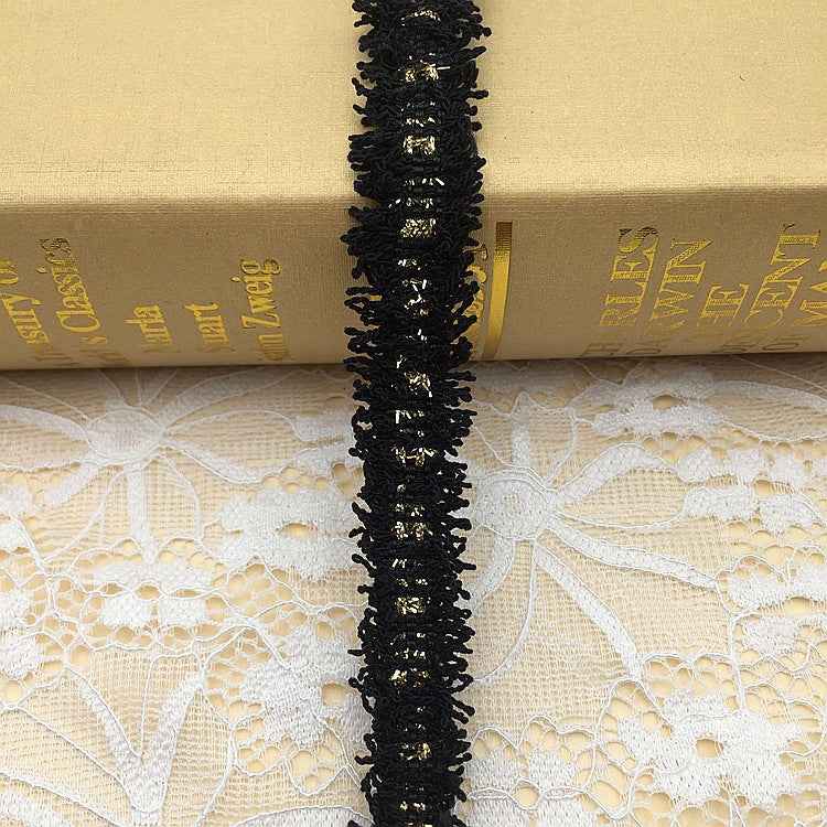 1.5cm metallic fringe trim, narrow black fringe with silver and gold thread lines
