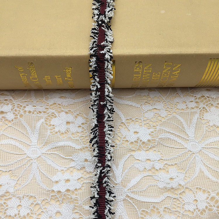 1.5cm metallic fringe trim, black-and-silver fringe with a red metallic thread center