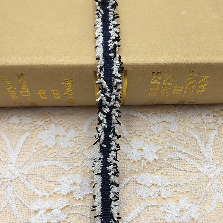 1.5cm metallic fringe trim, dark blue/black with silver thread fringe, 20 yards